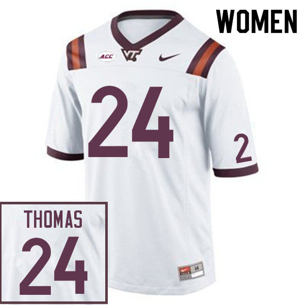 Women #24 Malachi Thomas Virginia Tech Hokies College Football Jerseys Sale-White - Click Image to Close